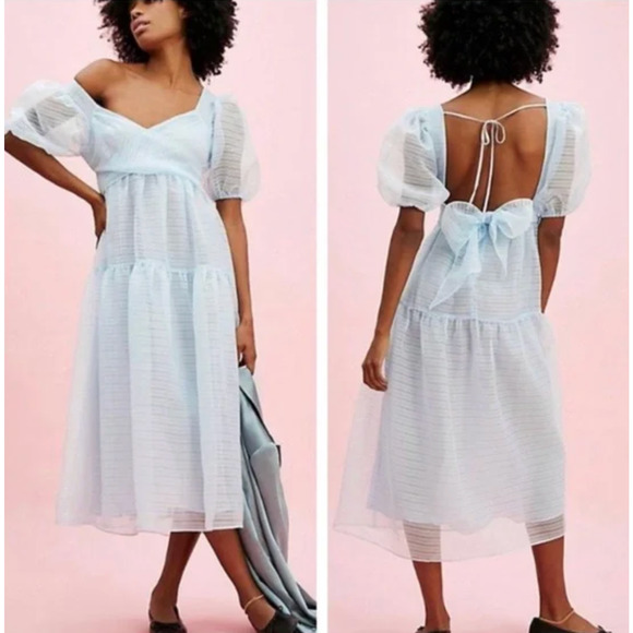 NEW FREE PEOPLE BLUE HAILEY PUFF SLEEVE OPEN BACK MIDI DRESS SIZE 4 - Picture 1 of 14